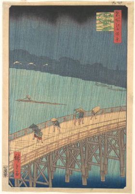 Sudden Shower over Shin-ōhashi Bridge - A Glimpse into Katsushika Hokusai's Mastery of Ukiyo-e and Dynamic Composition!