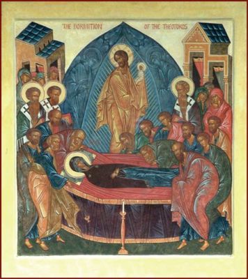 The Dormition of the Theotokos: Glistening Gold and Heavenly Hues